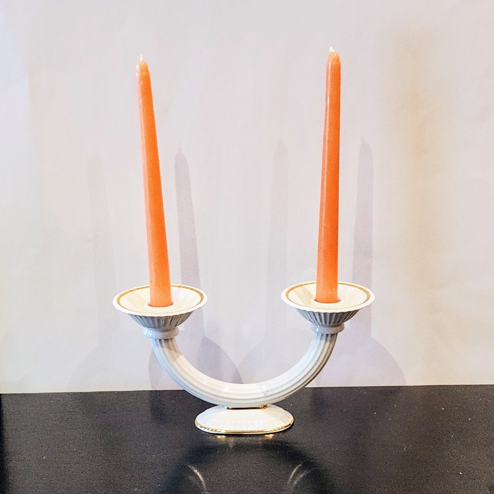 Metzler ortloff white Porcelain Double Candle Stick holder. Vintage gold guild
